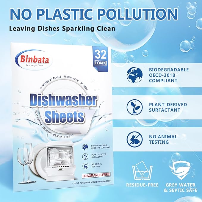 Upgraded Eco Dishwasher Detergent Sheets Up To 32 Loads, Unscented Plastic Free Dishwashing Soap Strips With High Efficient Solid Enzyme, Leaving Dishes Sparkling Clean