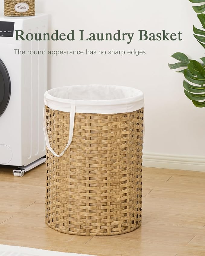 Laundry Basket Round Rattan Laundry Hamper 29.1 Gal (110 L) Handwoven Large Wicker Basket with Handles, Wicker Hamper with Removable Bags and 2 Mesh Bags for Bathroom Living Room Natural