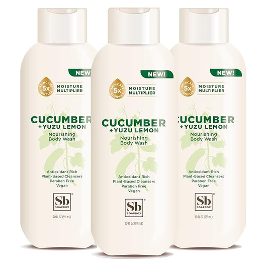 Soapbox Cucumber + Yuzu Lemon Body Wash for Women, Men, Vegan + Antioxidant Rich, Soothing, Moisturizing Soap with Shea Butter, Peptides & Keratin Promoting B3, 3 Pack, 20oz Each