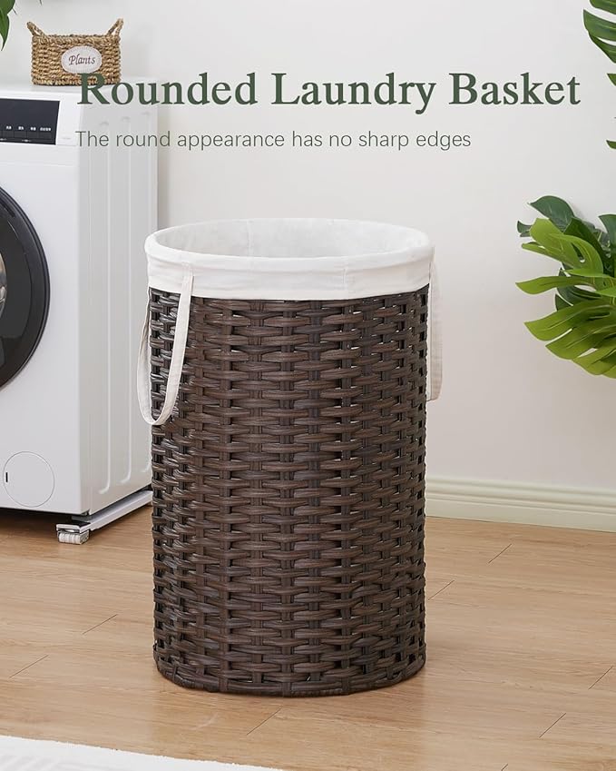 34.3 Gal (130 L) Large Laundry Hamper Laundry Basket Round Handwoven Wicker Laundry Baskets Rattan Laundry Basket with Removable Bag Handles 2 Mesh Bags for Living Room Bedroom Brown