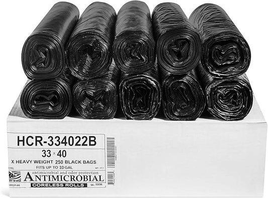 Aluf Plastics High Density Trash Bags, 33 Gallon, 250 Count, 22 Micron (eq), 33" x 40", Black, for Bathroom, Office, Industrial, Commercial, Janitorial, Municipal, Recycling
