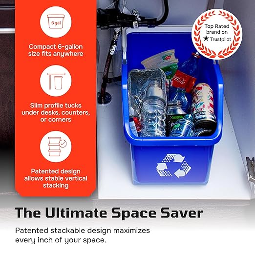 Multi Recycling Bin System with Three Stacking 6 Gallon Bins with Carrying Handles, Stackable and Compact for Offices, Homes, Garages, Businesses - (Green, 6 Pack)