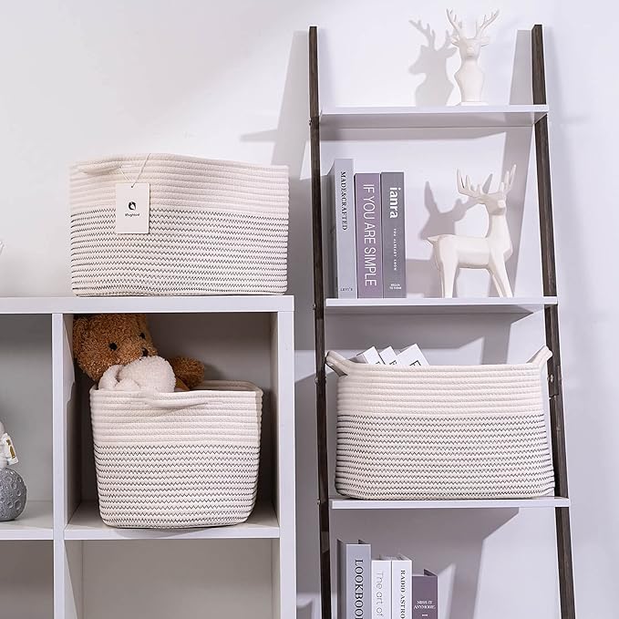 Medium and Large Woven Basket//With Handle, Used for Toys and Fabric Storage Basket used for Storing xl Storage Box, Decorative Storage Box Room 2pack (14L*10W*8.6H White/Black Line, 14Lx10Wx8.6H)