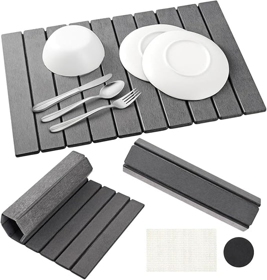 Large Stone Dish Drying Mats for Kitchen Counter, Foldable Quick Drying Mats, Eco-Friendly, diatomaceous earth bath mat, tapete de piedra absorbente para cocina 24" L x 16" W Inches (DARK GREY, LARGE)