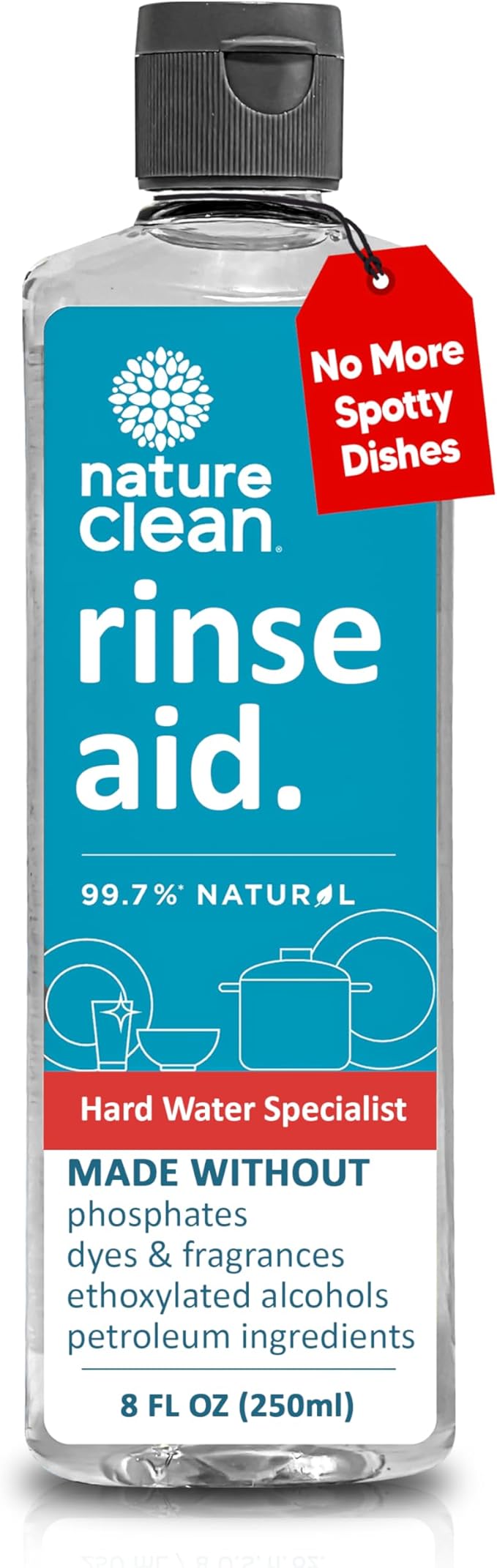 Nature Clean All Natural Dishwasher Rinse Aid Cleaner, Liquid Dishwasher Rinse Agent for Spot-Free Glass & Cutlery in Hard Water, Non Toxic Dish Washer Rinse Aid & Stain Remover, 8 oz/250ml, Pack of 1