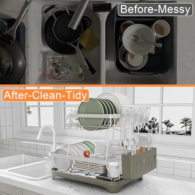 Dish Drying Rack, 2 -Tier 304 Stainless Steel Adjustable Spout Auto-Draining Dish Rack, Space Saving Dish Drainer with Drainboard and Utensil Holder for Kitchen Counter Grey
