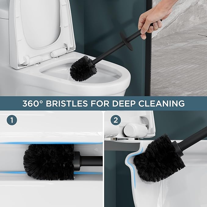 FORIOUS Toilet Brush and Holder Set, Heavy Duty 304 Stainless Steel Base Square and Long Handle for Bathroom Deep Cleaning, Drip-Proof, Space Saving for Storage, 2 Toilet Bowl Brush Head, Black