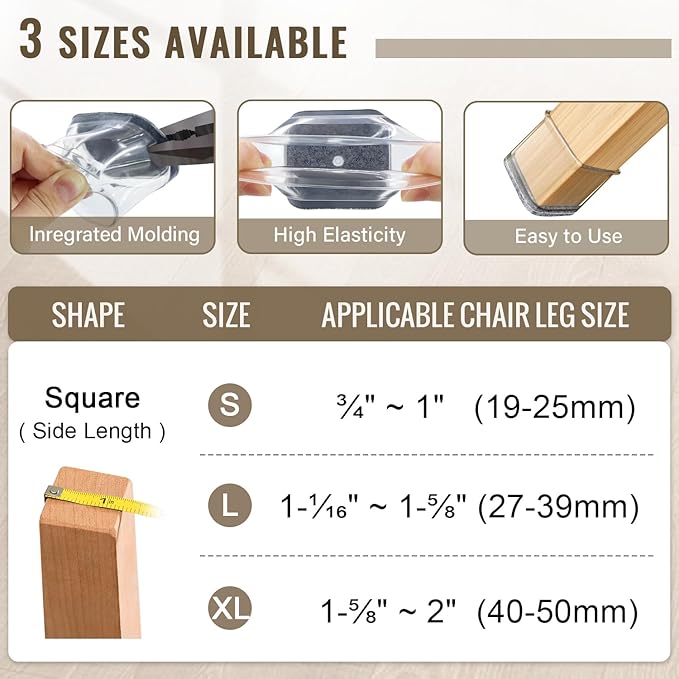 BUMACO Chair Leg Floor Protectors Square Chair Leg Protectors for Hardwood Floors Silicone Pads Covers to Protect Floors Clear-40 Pcs Square L (1-1/16" to 1-5/8")
