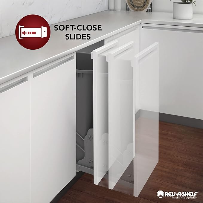 Rev-A-Shelf Double Pullout Trash Cans for Under Kitchen Cabinets 35 Quart 8.75 Gallon with Soft-Close Slides, Orion Gray, 53WC-1835SCDM-213