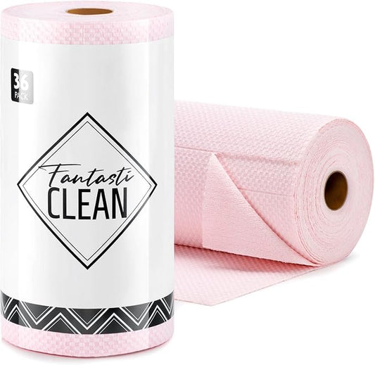 Fantasticlean Large Tear-Away Microfiber Cleaning Cloth Roll - 18'' by 12'', 36 Sheets, Thick Dish Cloths, Super Absorbent Reusable Kitchen Towels (Pink)