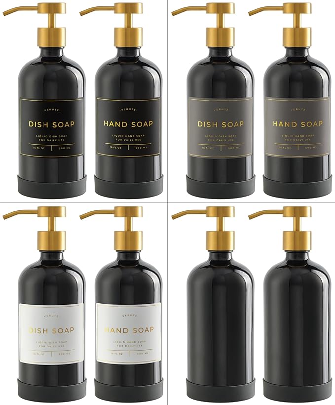 16oz Glass Soap Dispenser with Stainless Steel Pump, 21 Waterproof Labels, Non-Slip Protective Silicone Pad, Set of 2 for Bathroom & Kitchen (Gloss Black Bottle/Brushed Gold Pump)