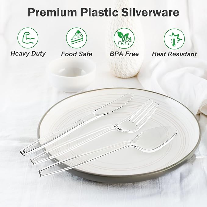 360 Count Extra Heavy Duty Clear Plastic Forks and Spoons, 180 Forks & 180 Spoons, Heat Resistant, Disposable Plastic Silverware Set