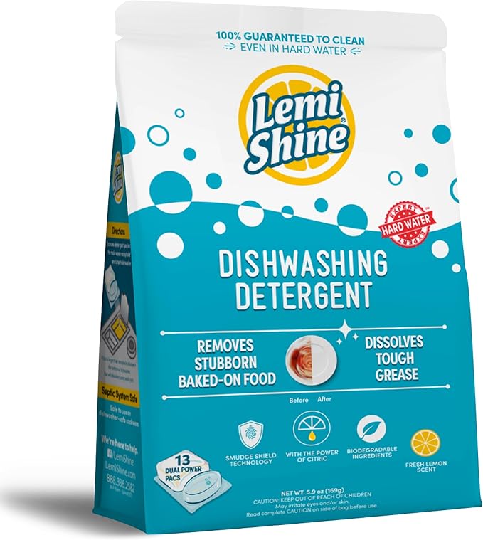 Lemi Shine Natural Dishwasher Pods | All-In-One Powder & Gel Dishwasher Detergent Pods with Powerful Citric Acid | Eco Friendly Dish Wash Cleaning Supplies (13 Count)