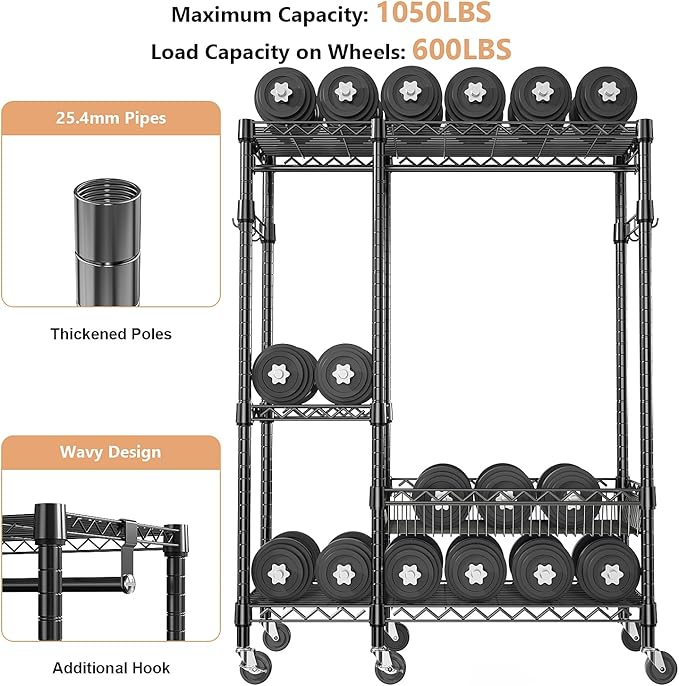 Heavy Duty Rolling Garment Rack 4 Tiers Adjustable Wire Shelving Clothes Rack with Rods and Side Hooks, Storage Closet Clothing Rack with Wheels Black 17.7" D x 47.2" W x 83.6" H