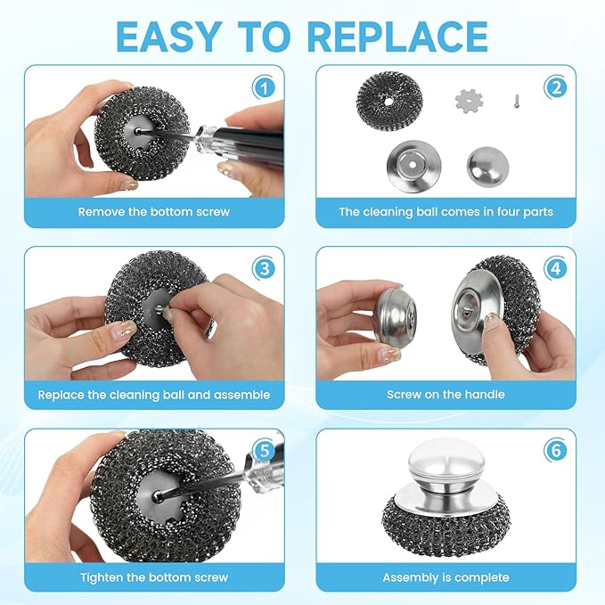6Pcs Steel Wool Scrubber, Stainless Steel Scrubber with Handle for Cleaning Kitchen and Household Stubborn Messes from Stoves Pans Pots Grill Sink with Replacement Wire Brush Set (2 Pcs+4 Replacement)