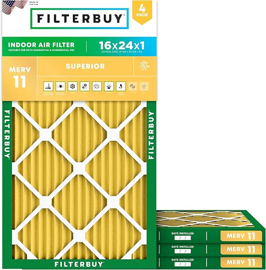 Filterbuy 16x24x1 Air Filter MERV 11 (MPR 1200) Allergen Defense Replacement (4-Pack), Electrostatic Pleated HVAC AC Furnace Filters, Made in USA (Actual Size: 15.38 x 23.38 x 0.75)