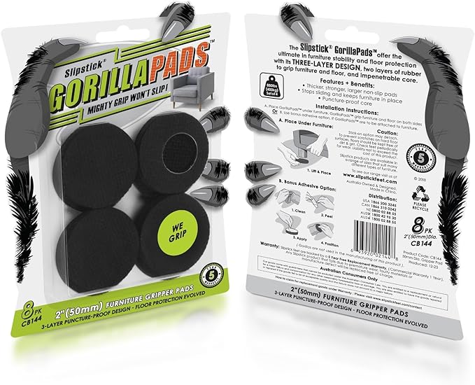 Slipstick GorillaPads CB144 Non Slip Furniture Pads/Grippers (Set of 8) Furniture Feet Floor Protectors, 2 Inch Round, Black