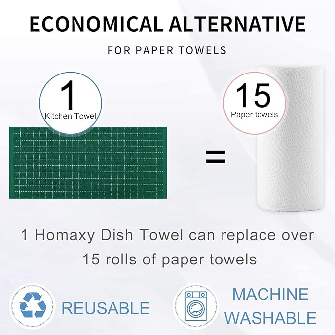 Homaxy 100% Cotton Terry Kitchen Towels(Dark Green, 13 x 28 inches), Checkered Designed, Soft and Super Absorbent Dish Towels, 6 Pack