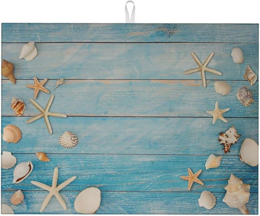 Seashells Starfish On Blue Wood Absorbent Microfiber Xl Dish Drying Mat For Kitchen Countertop Extra Large Reversible Drainer Rack Pad 18 X 24 Inch