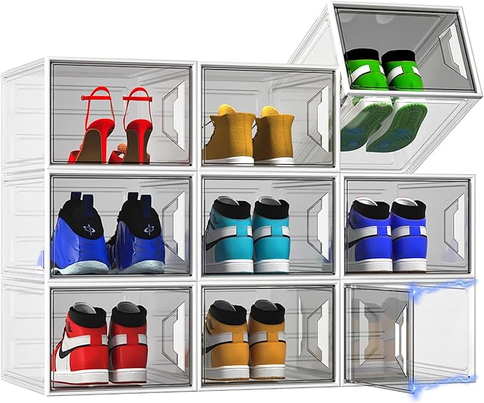 Shoe Storage Boxes Stackable, X-Large Plastic Clear Shoe Organizers with Magnetic Door, Thicken & Sturdy Sneaker Containers, Toy Storage Organizer Bins for Entryway, Closet, Under Bed