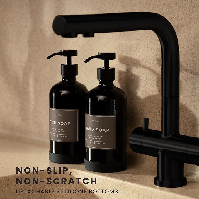 16oz Glass Soap Dispenser with Stainless Steel Pump, 21 Waterproof Labels, Non-Slip Protective Silicone Pad, Set of 2 for Bathroom & Kitchen (Gloss Black Bottle/Black Pump)