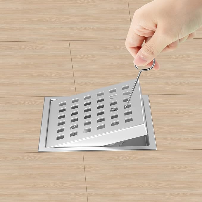 6 Inch Square Shower Drain Chrome, Bathroom Floor Drain, Stainless Steel Drain Kit with Flange, Removable Grid Cover, Hair Strainer