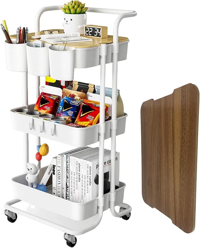 3 Tier Rolling Cart with Metal Handle, Table Top, Hanging Cups, Hooks, Plastic Storage Baskets& Wheels Lockable, Utility Cart for Bathroom Classroom Office Kitchen Pantry Organizers and Storage, White