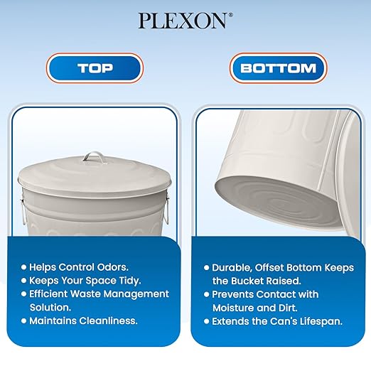Plexon 13-Gallon Galvanized Steel Round Trash Can with Lid, Indoor and Outdoor Use, Durable Construction, Retro Design, Stylish Beige 2 Pack