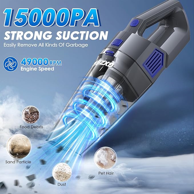 Handheld Vacuum Cordless, 15000PA Strong Suction Hand Held Car Vacuum Cleaner Rechargeable, Portable Hand Vacuum with Multi-Nozzles & Washable Filter for Home Office, Car, Pets