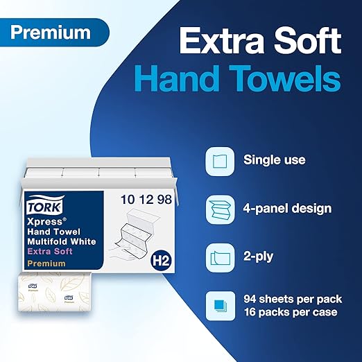 Tork Xpress Paper Towel Dispenser and Tork Extra Soft Multifold Hand Towel White with Blue Leaf Print