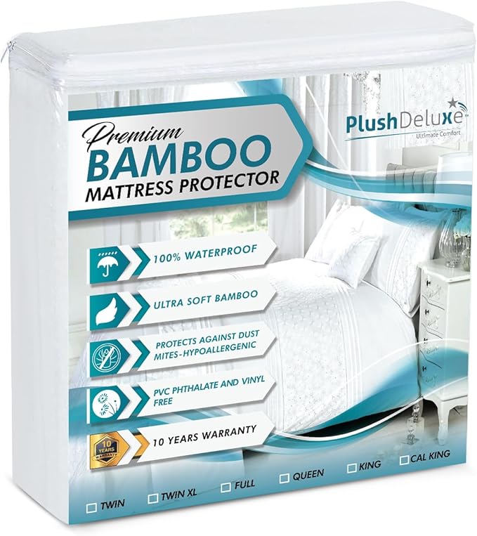 PlushDeluxe Premium Viscose Mattress Protector – Cal-King Size, Waterproof, & Ultra Soft Breathable Noiseless Washable Bed Mattress Cover for Comfort & Protection 72X84 Inches