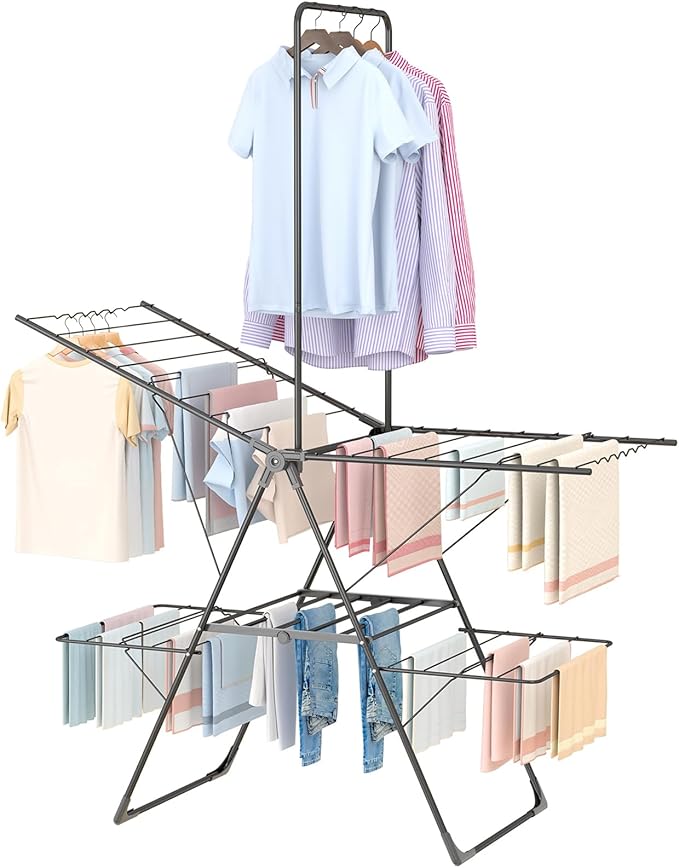 Bigzzia Clothes Drying Rack Foldable, 68.9Inch High Hanger Laundry Drying Rack with 4 Height-Adjustable Wings, Lightweight and Space Saving Clothes Airer for Apartments, Dorms, Camping