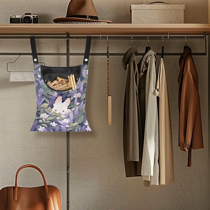 Clothespin Bag for Clothes Pin Holder for Outside and Clothes Line Pins, Clothes Pin Hanging Bag Fits Outdoor Laundry Clothesline - Rabbit and Floral