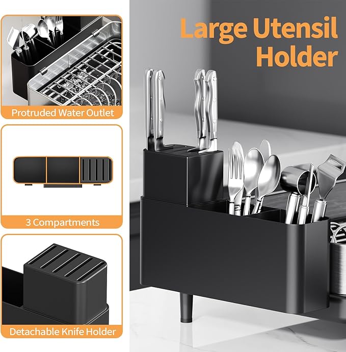 Expandable Dish Drying Rack for Kitchen Counter, 304 Stainless Steel Dish Rack, Multi-Function Dish Drainer, Large Dish Strainer with Cup Holder, Cutlery Holder, Extendable Large Size Silver