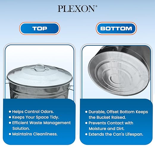Plexon 2 Pack 13-Gallon Galvanized Steel Round Trash Can with Lid, Indoor and Outdoor Use, Durable Construction, Classic Design, Stylish