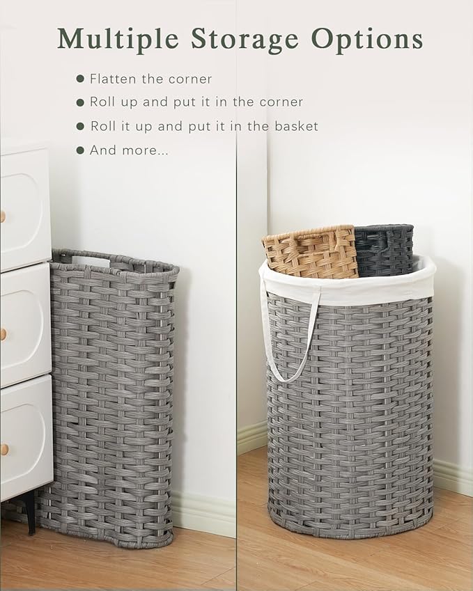 Laundry Hamper Laundry Basket Round 19.0 Gal (72 L) Handwoven Rattan Laundry Basket, Large Wicker Laundry Hamper with Removable Laundry Bag Handles 2 Mesh Bags for Bathroom Living Room Gray