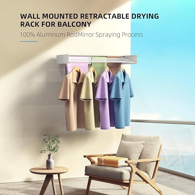 Laundry Drying Rack, Collapsible Wall Mounted Clothes Drying Rack - Foldable,Space Saving, 13.2 Linear Ft, 5 Aluminum Rods, 60 lb Capacity (White, 23.6")