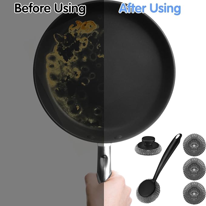 Scrubber with Handle Comes with Three Replacement Balls Steel Wool, Short Handle Scrubber, Steel Wool Scrubber Supplies Dish Scrubber, Stainless Steel Scrubber Tool Metal Scrubber for Dishes