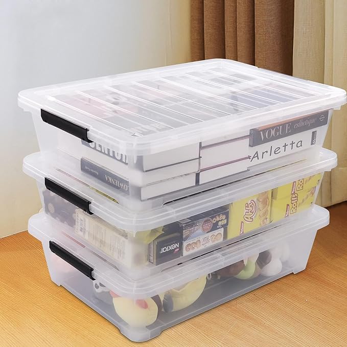 40 Quart Clear Plastic Underbed Storage Container, Wheeled Latching Storage Box for Shoes, Bags, Clothes, Set of 3