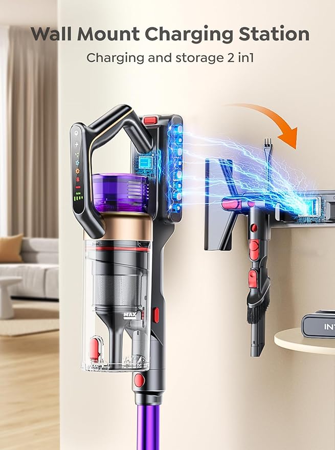 Cordless Vacuum Cleaner, 600W 50KPA 65 Mins Vacuum Cleaners for Home, Cordless Stick Vacuum with Powerful Suction, Wall Mount Charging Dock, Rechargeable Vacuum for Pet Hair/Carpet/Hardwood Floors
