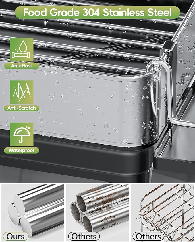 Dish Racks, Thicker Premium 304 Stainless Steel Dish Drying Rack for Kitchen Counter, Automatic Drainage Spout, Dish Drainer & Drainboard Set with Utensil Holder and Cup Holder, Black