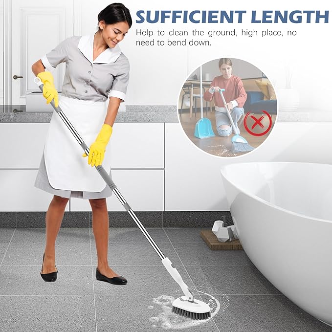 SetSail Floor Scrub Brush, 3-in-1 Tile Tub Floor Scrubber with 52-inch Adjustable Long Handle Shower Cleaner Brush and 4 Detachable Replacement Brush Heads for Cleaning Bathroom Tub Tile, White