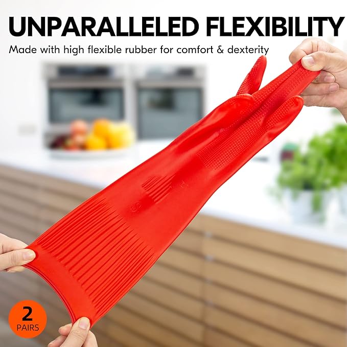 Vgo 2-Pairs Dishwashing Gloves, Reusable Household Gloves, Long Sleeve, Thick Latex, Cleaning, Washing, Painting, Gardening, Pet Care (Size L, Red, RB2143)