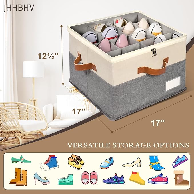 2 Pack Shoe Organizer for Closet, Adjustable Shoe Box Storage Containers, Large Foldable Shoe Bins with Clear Cover, Space Saving Shoes Holder with 4 Handles, Fits 16-32 Pairs, Beige