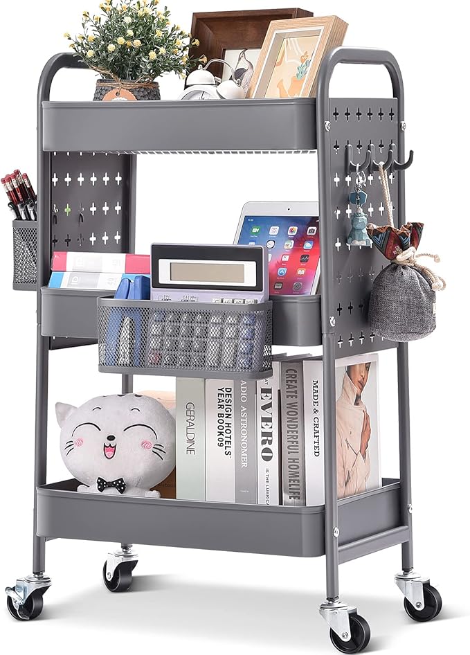 TOOLF 3-Tier Rolling Cart, Metal Utility Storage Cart with DIY Pegboards, Art Craft Trolley with Baskets Hooks, Serving Organizer Easy Assemble for Office, Home, Kitchen, Classroom (Grey)