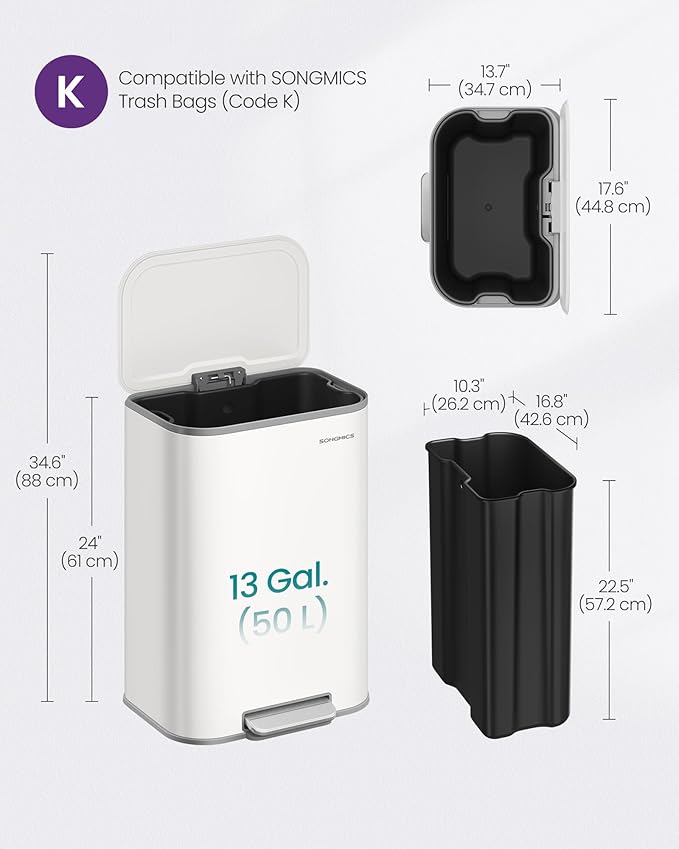 SONGMICS Kitchen Trash Can, 13-Gallon (50 L) Garbage Can with Lid, Stainless Steel, Soft Close and Stays Open, Inner Bucket, Wide Non-Slip Pedal, Cloud White ULTB547W01