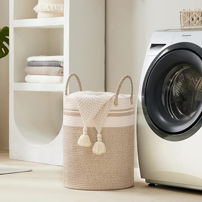 YOUDENOVA Woven Rope Laundry Hamper Basket, 72L Tall Luandry Basket, Baby Nursery Hamper for Blanket Storage, Clothes Hamper for Laundry in Bedroom-Large-Brown