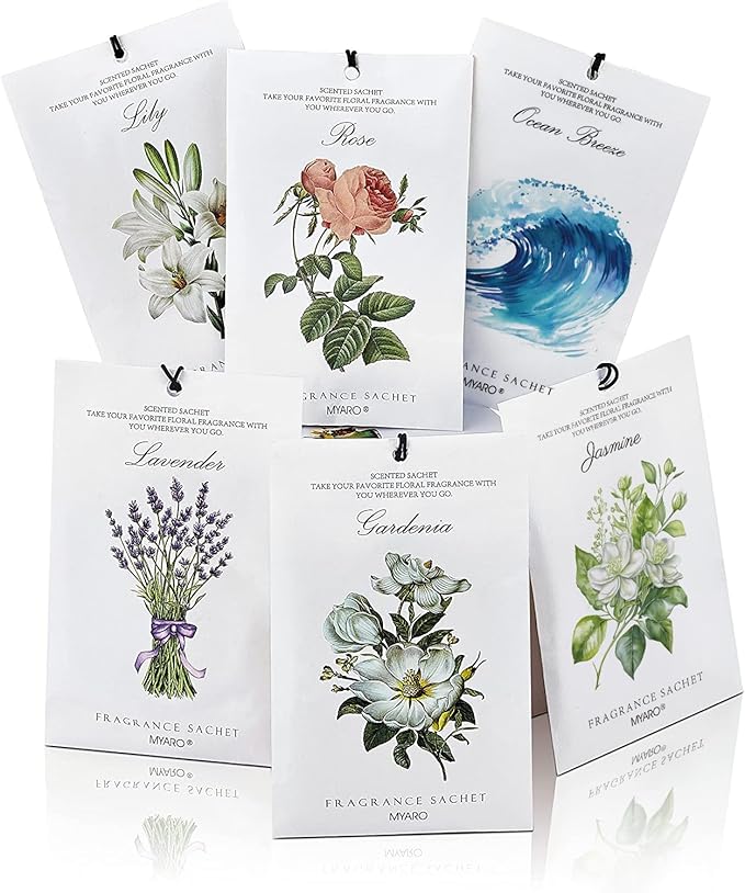MYARO 12 Packs Scented Sachets for Drawer and Closet, Long-Lasting Sachets Bags Home Fragrance 6 Scents Option- Lavender, Rose, Jasmine, Ocean, Gardenia, Lily
