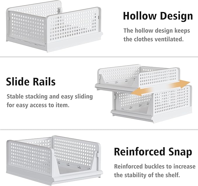 Proarea 5 Pack Stackable Plastic Storage Basket Closet Organizer Bin Foldable Clothes Organizer Storage Drawer Shelf Container for Living room Bathroom Kitchen Office (3L+2S)