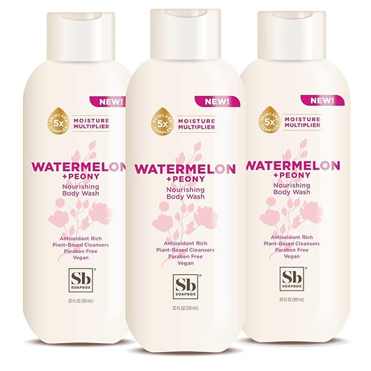 Soapbox Body Wash, Watermelon + Peony Body Wash for Women, Men, Vegan & Antioxidant Rich, Exfoliating, Moisturizing Soap with Shea Butter, Peptides & Keratin Promoting B3, 3 Pack, 20oz Each